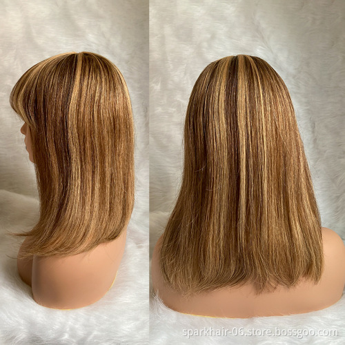 Vendor Wholesale P4/27 Highlight Human Hair Straight Bob Wig With Bangs 1B Curly Bob Machine Made Wigs 613Blonde Wigs With Bang